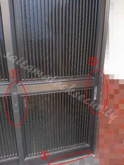 ①召し合い錠 ②戸先鎌錠 ③戸車部分
